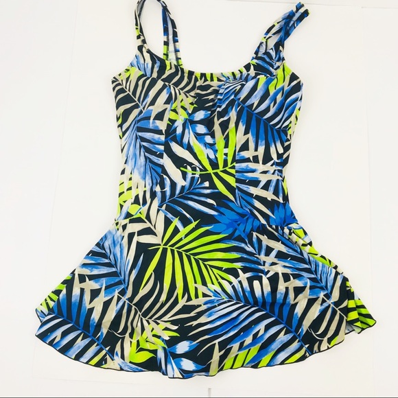 Azul Other - Azul Modest Blue Lime Palm Skirted Swimsuit 12